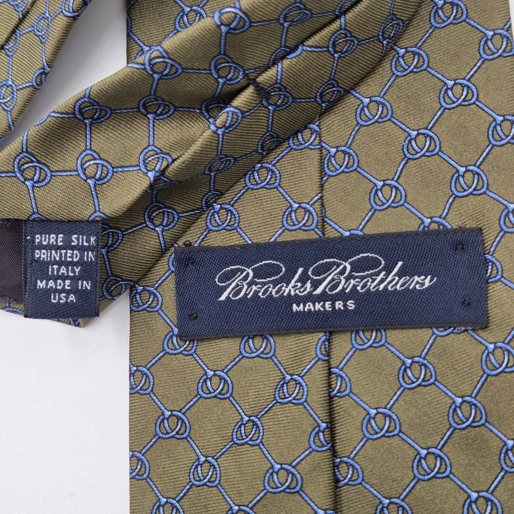 Brooks Brothers Green Silk Tie Geometric Knots‎ Pattern USA Made Mens Necktie